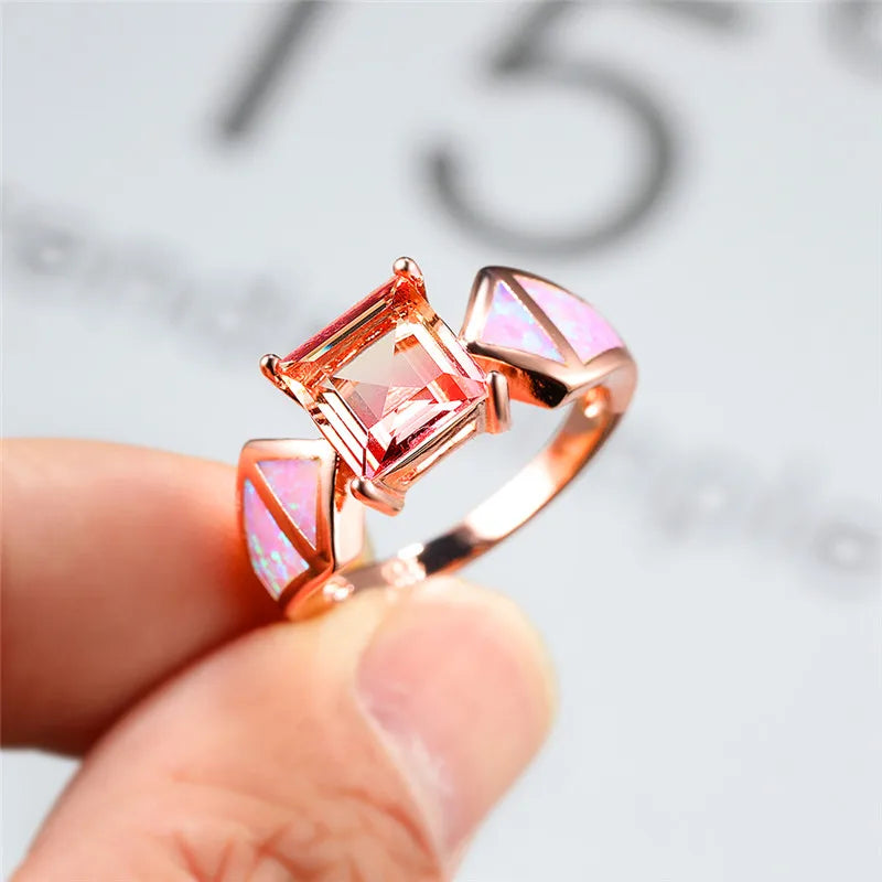 Vintage Square Crystal Stone Ring Classic Wedding Rings Pink Opal Engagement