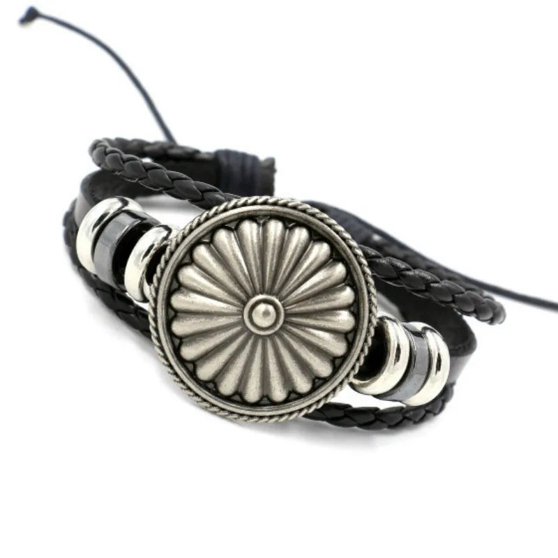 Vintage Fighter Cross Shield Woven Leather Bracelet for Men