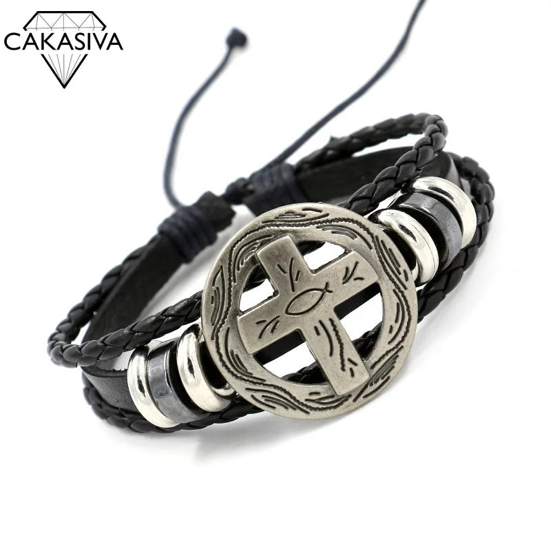 Vintage Fighter Cross Shield Woven Leather Bracelet for Men