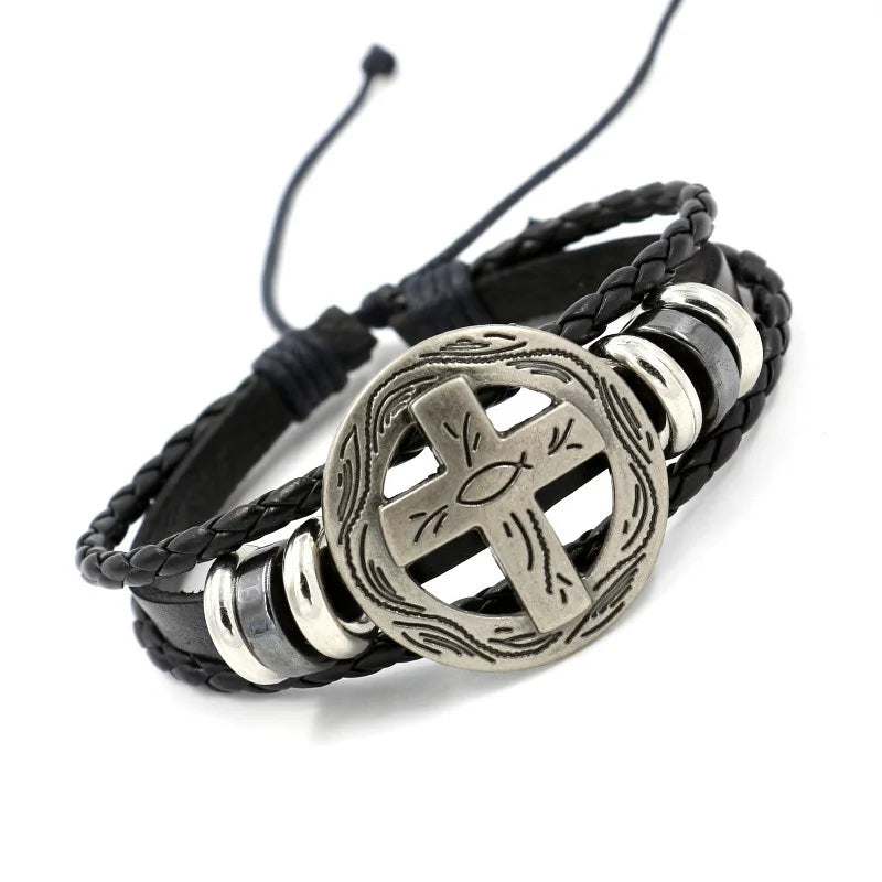 Vintage Fighter Cross Shield Woven Leather Bracelet for Men