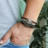 Vintage Fighter Cross Shield Woven Leather Bracelet for Men