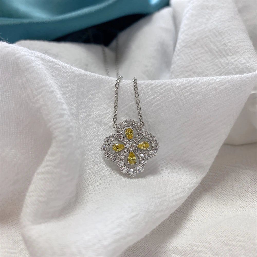 Vintage Floral Diamond Pendant Necklace Crystal Cross 925 Silver