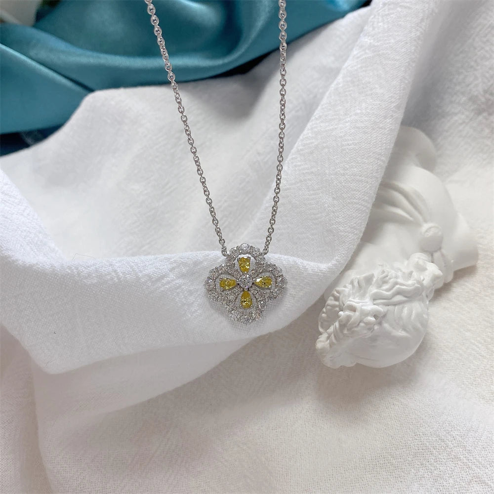 Vintage Floral Diamond Pendant Necklace Crystal Cross 925 Silver