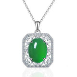 Vintage Green Jade Emerald Gemstone Diamond Pendant Necklace 18k Silver