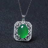 Vintage Green Jade Emerald Gemstone Diamond Pendant Necklace 18k Silver