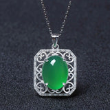 Vintage Green Jade Emerald Gemstone Diamond Pendant Necklace 18k Silver