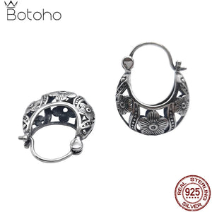 Vintage Flower Hoop Earrings 925 Sterling Silver Brincos Retro Ethnic Jewelry