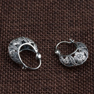 Vintage Flower Hoop Earrings 925 Sterling Silver Brincos Retro Ethnic Jewelry