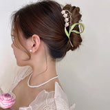 Vintage Flower Metal Hair Clip Pearl Fringe Claw Clip Tulip Flower Ponytail Clip