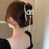 Vintage Flower Metal Hair Clip Pearl Fringe Claw Clip Tulip Flower Ponytail Clip