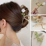 Vintage Flower Metal Hair Clip Pearl Fringe Claw Clip Tulip Flower Ponytail Clip