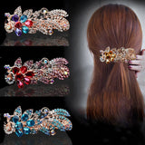 Vintage Flower Peacock Inlaid Rhinestone Metal Hair Clip Crystal Top Clip