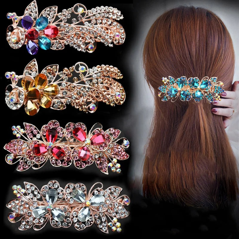 Vintage Flower Peacock Inlaid Rhinestone Metal Hair Clip Crystal Top Clip