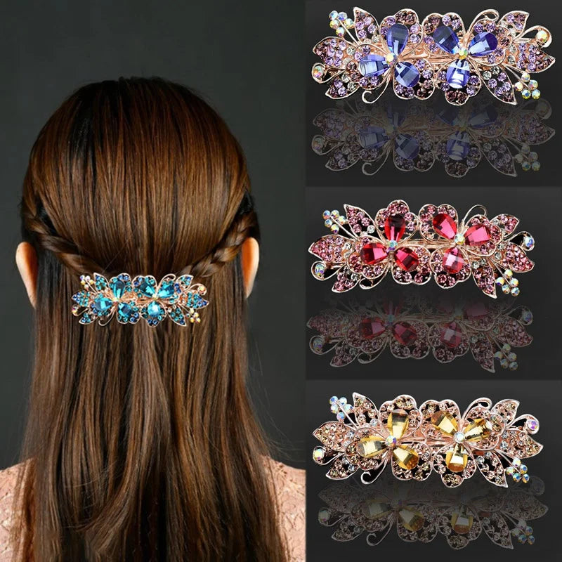 Vintage Flower Peacock Inlaid Rhinestone Metal Hair Clip Crystal Top Clip