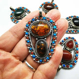 Vintage Flower Pendant Natural Stone Beads Big Pendants Nepalese Jewelry TBP353