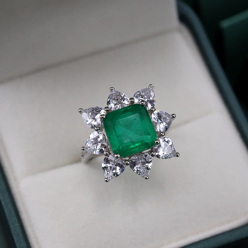 Vintage Flower Ring AAAAA Cubic Zirconia Green Fusion Stone Bridal Wedding