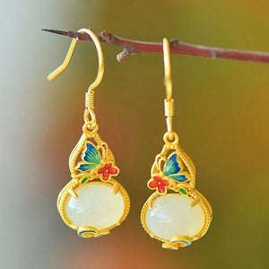 Vintage Flowers Butterfly Enamel Jade Gemstone Earrings