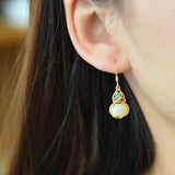 Vintage Flowers Butterfly Enamel Jade Gemstone Earrings