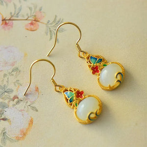Vintage Flowers Butterfly Enamel Jade Gemstone Earrings