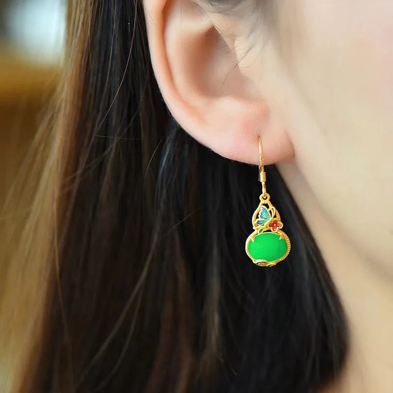 Vintage Flowers Butterfly Enamel Jade Gemstone Earrings
