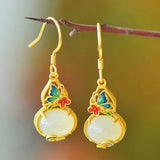 Vintage Flowers Butterfly Enamel Jade Gemstone Earrings