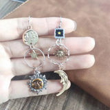 Vintage Asymmetric Sun Moon Earrings Retro Jewelry