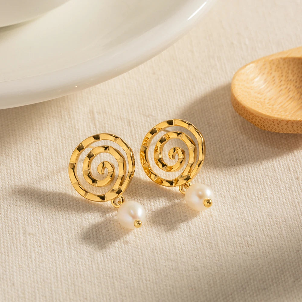 French Style Pearl Drop Earrings Spiral Stainless Steel Jewel