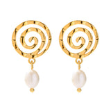 French Style Pearl Drop Earrings Spiral Stainless Steel Jewel