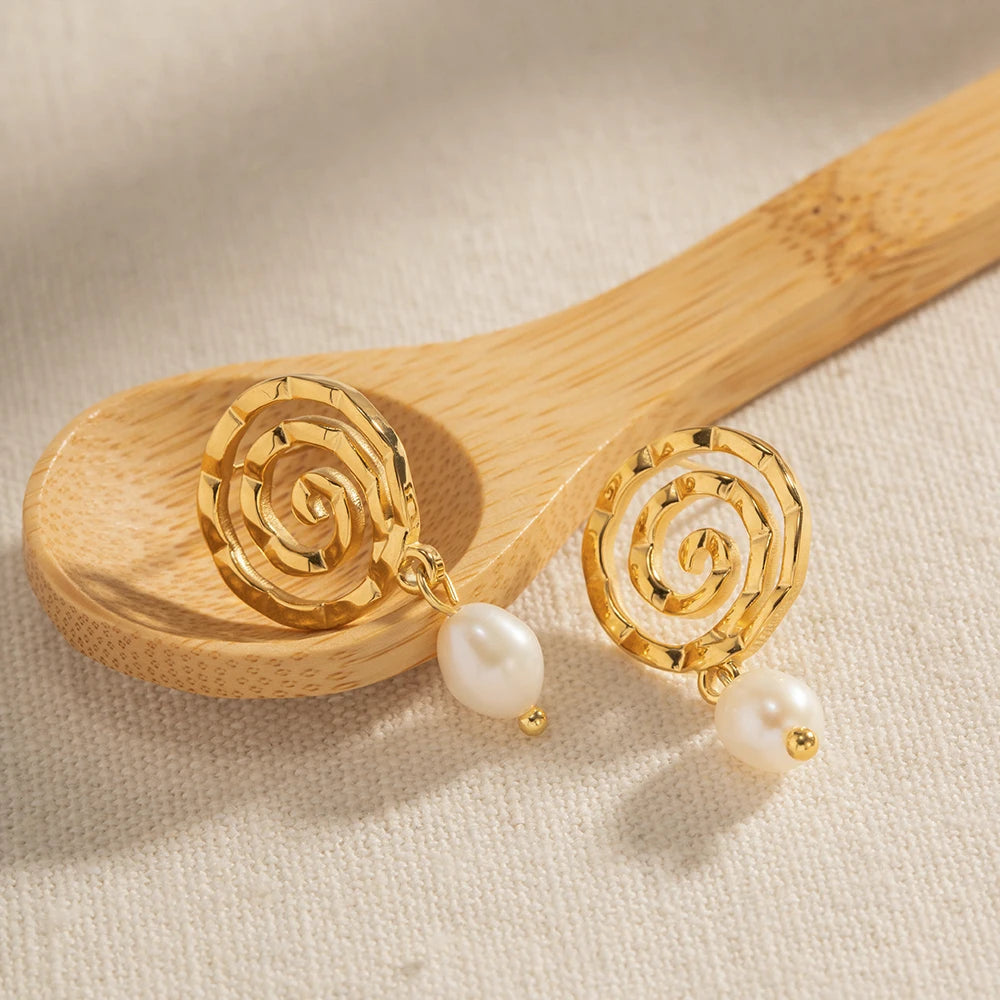 French Style Pearl Drop Earrings Spiral Stainless Steel Jewel