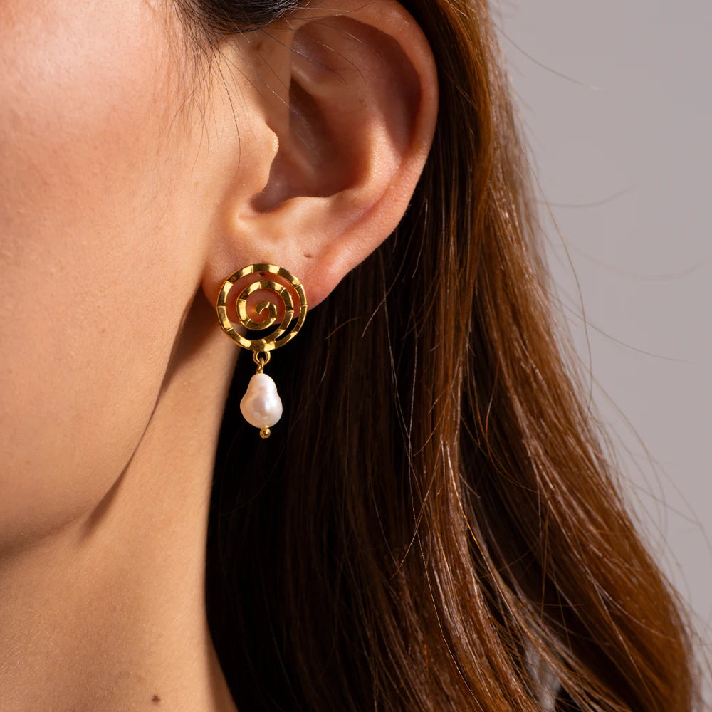 French Style Pearl Drop Earrings Spiral Stainless Steel Jewel