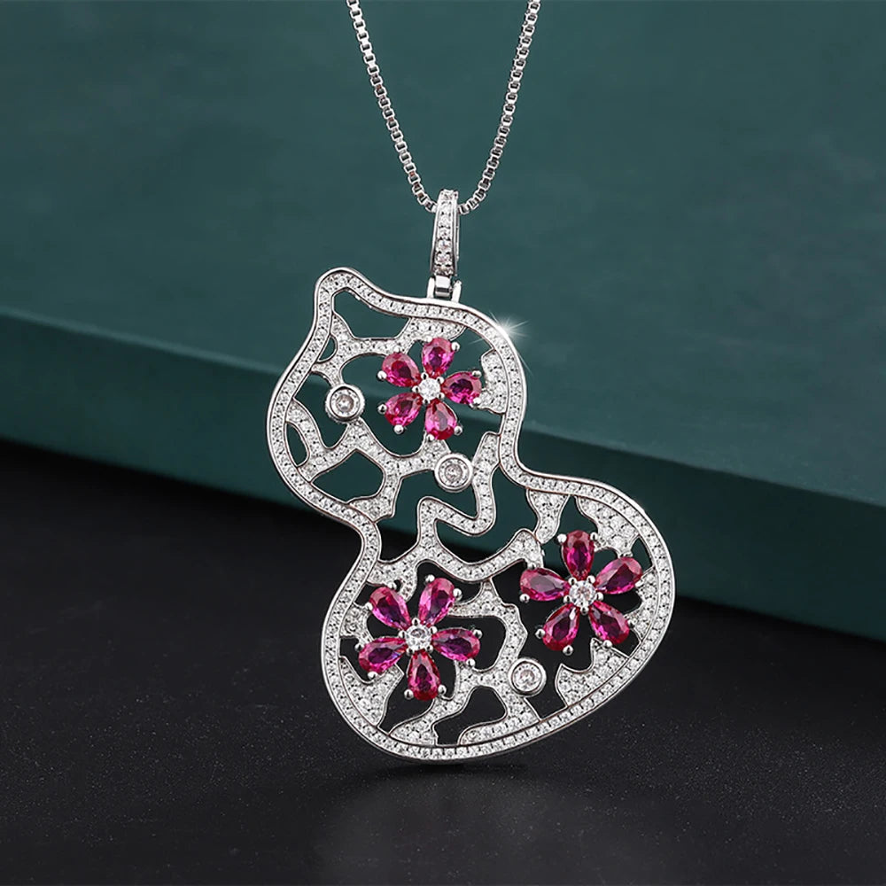 Vintage Gemstone Gourd Pendant Necklace Women Ruby Emerald Sapphire