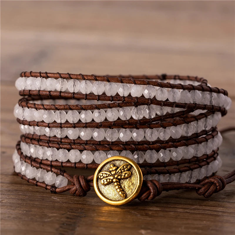 Vintage Gemstones Boho White Quartz Leather Woven Beads Wrap Bracelets