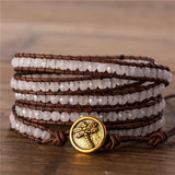 Vintage Gemstones Boho White Quartz Leather Woven Beads Wrap Bracelets