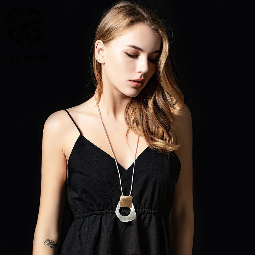 Vintage Geometric Silver Long Chains Collar Necklace Suspension Goth Jewelry