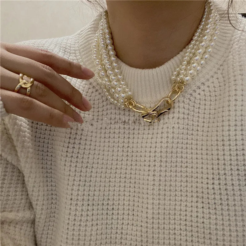 Geometric Metal Buckles Pearl Necklace Hyperbole Choker Necklaces
