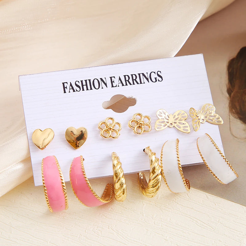 Vintage Geometry Pearl Earring Set Heart Leopard for Women Girls Hoop Earrings