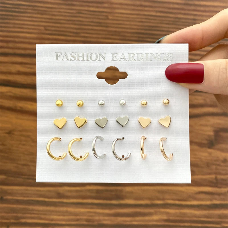 Vintage Geometry Pearl Earring Set Heart Leopard for Women Girls Hoop Earrings