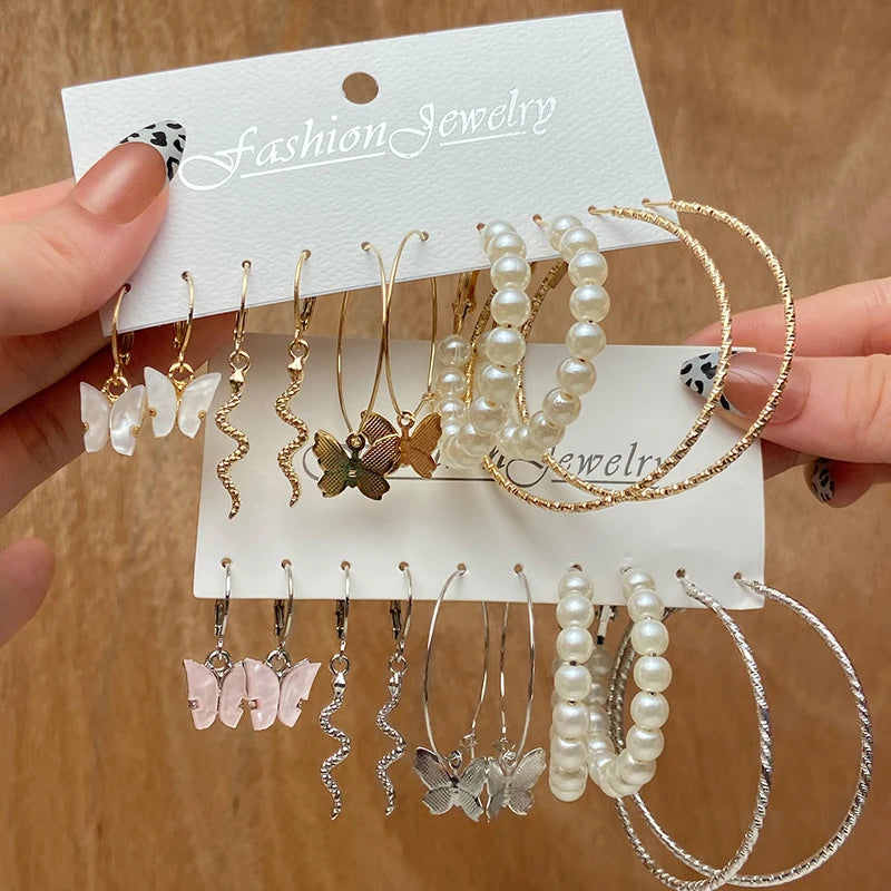 Vintage Geometry Pearl Earring Set Heart Leopard for Women Girls Hoop Earrings