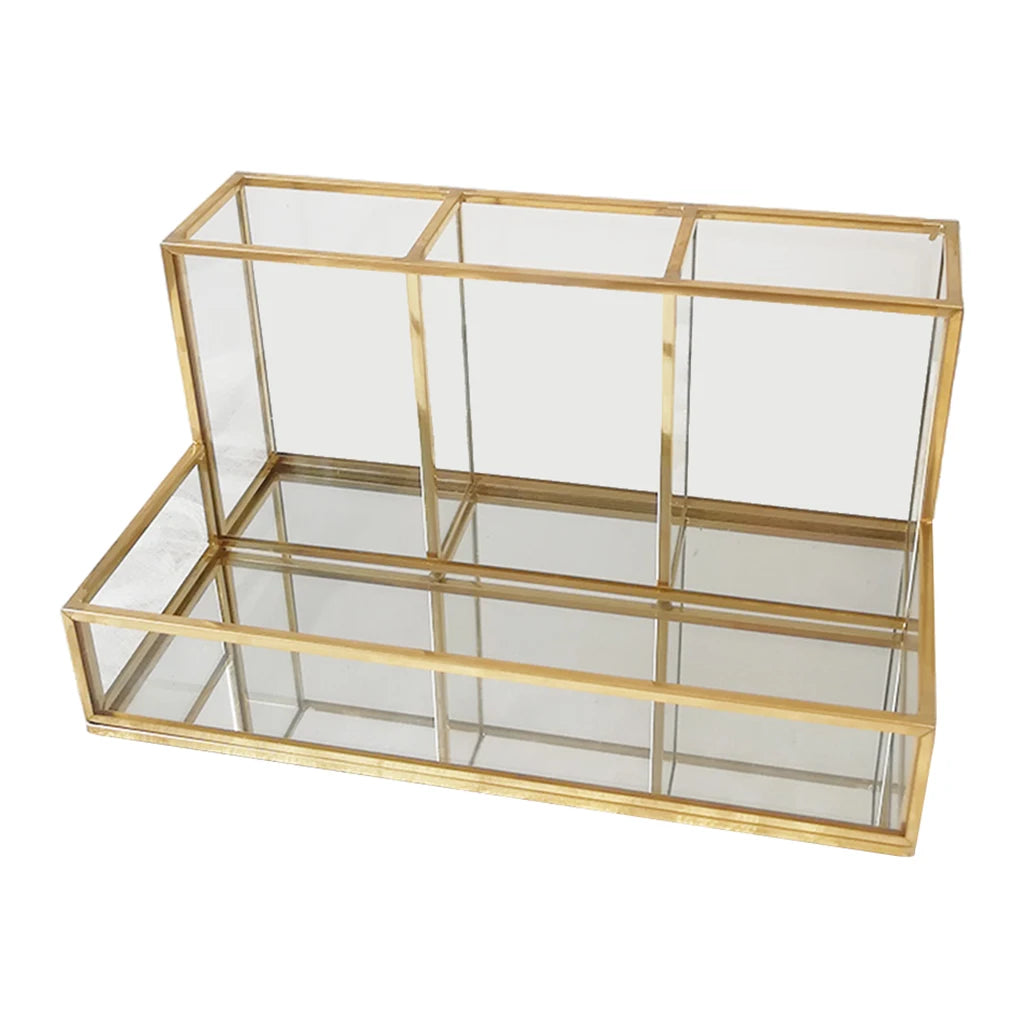 Vintage Glass Box Clear Glass & Brass Metal Storage Jewelry Makeup Holder