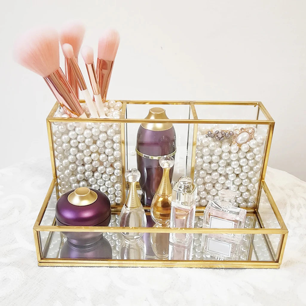 Vintage Glass Box Clear Glass & Brass Metal Storage Jewelry Makeup Holder