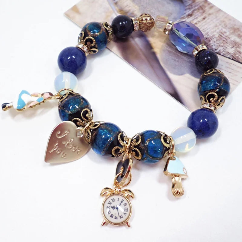 Vintage Glazed Sandstone Chalcedony Bracelet Lapis Lazuli Women's Bracelet