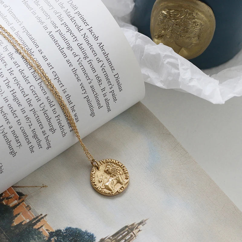Vintage Coin Chain Necklace Gothic Lion Pendant Choker Charm Jewelry
