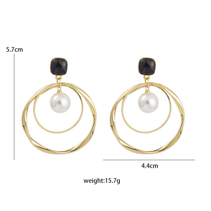 Vintage Double Layer Hoop Earrings with Pearl Pendant