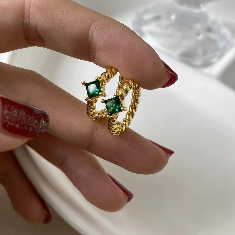 Vintage Zircon Emerald Women Stud Earrings Female Party Jewelry