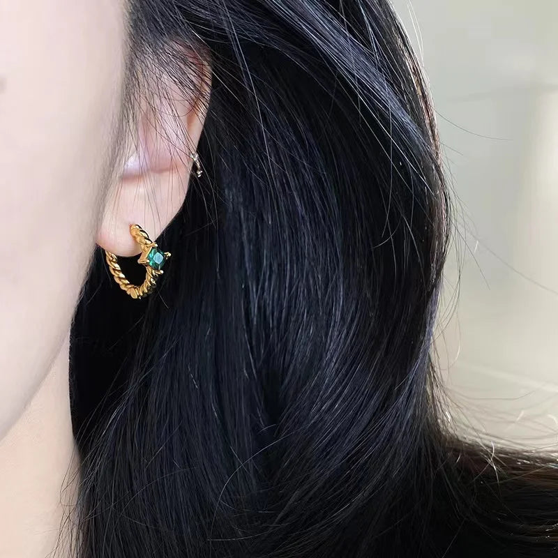 Vintage Zircon Emerald Women Stud Earrings Female Party Jewelry
