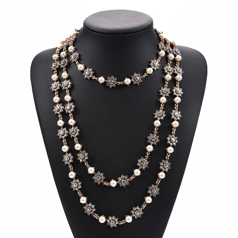 Vintage Layered Chain Simulated Pearl Statement Necklace Wedding Jewelry