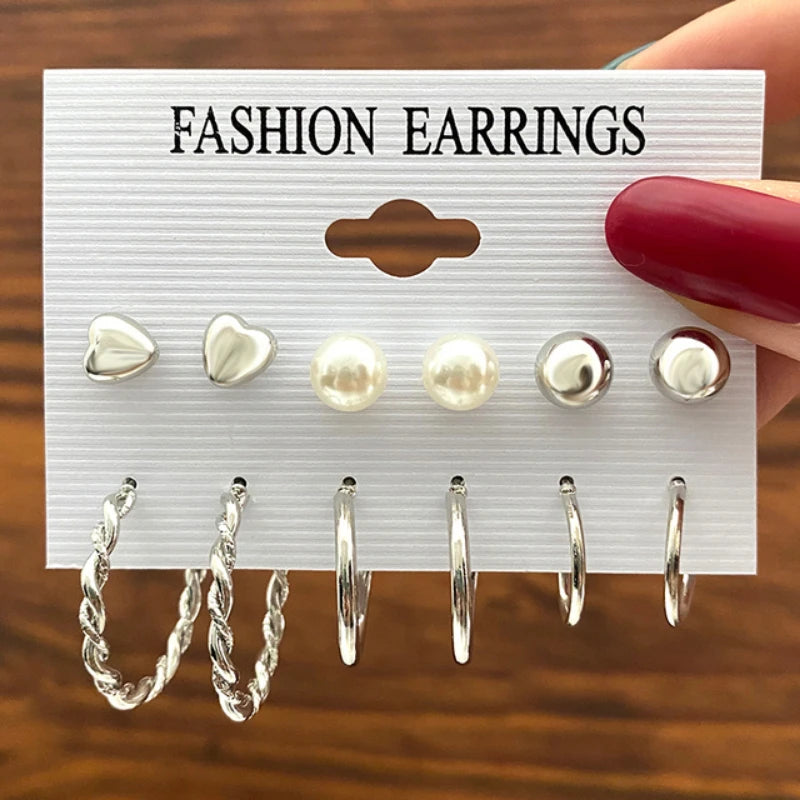 Vintage Metal Geometry Earring Set Pearl Dangle Earrings Hoop Round Jewelry