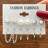 Vintage Metal Geometry Earring Set Pearl Dangle Earrings Hoop Round Jewelry