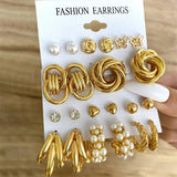 Vintage Metal Geometry Earring Set Pearl Dangle Earrings Hoop Round Jewelry