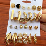 Vintage Metal Geometry Earring Set Pearl Dangle Earrings Hoop Round Jewelry
